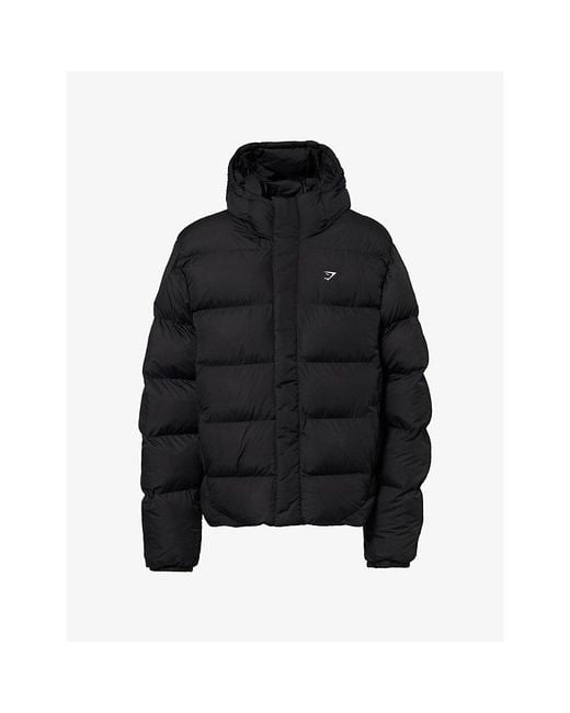 GYMSHARK Black Logo-Print Hooded Puffer Jacket for men