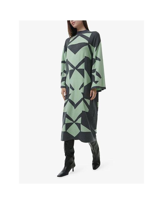 eem Green Geometric-Intarsia Knitted Modal And Wool-Blend Kaftan Dress