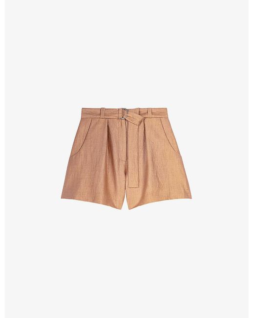 Maje Multicolor Pleated Belted Linen-blend Shorts