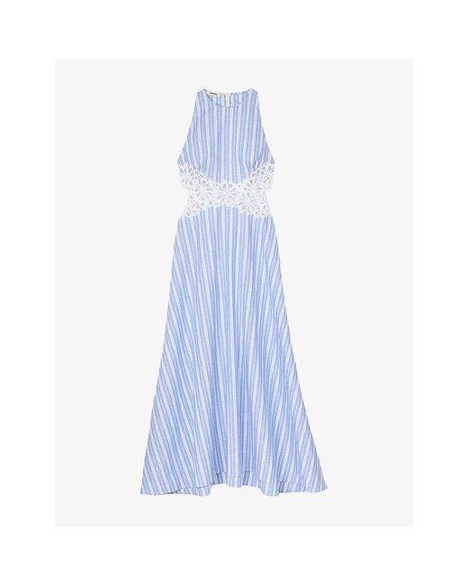 Sandro Blue Stripe-Print Cut-Out Lace Cotton And Linen-Blend Midi Dress