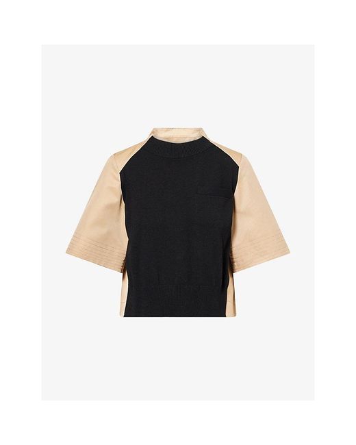 Sacai Black Pleated Contrast-Twill And Cotton-Knit Top