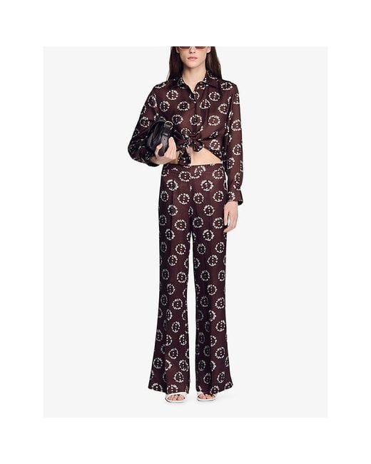 Sandro Brown Floral-Print Long-Sleeve Silk Shirt