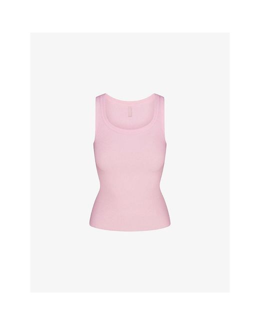 Skims Pink Scoop-Neck Ribbed Stretch-Cotton Tank Top