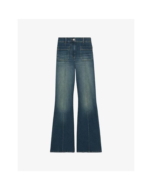 Reiss Blue Sakura Flared-Leg High-Rise Cotton-Blend Jeans