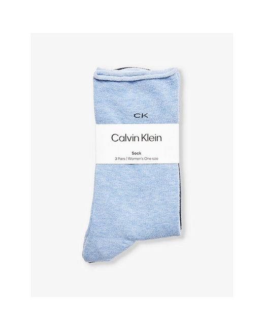 Calvin Klein Blue Roll Top Brand-print Pack Of Three Stretch-cotton Blend Socks for men