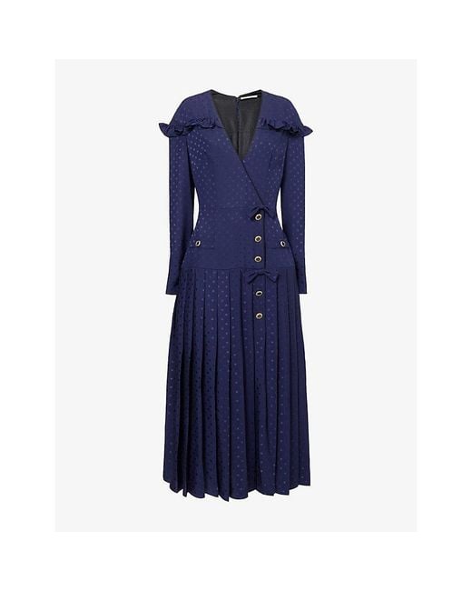 Alessandra Rich Blue Pleated Jacquard Silk Midi Dress