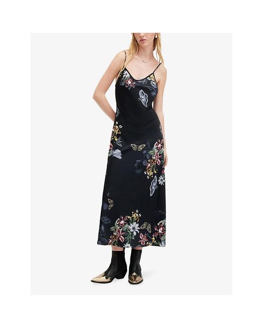 AllSaints Black Bryony Sanibel Floral-print Recycled-polyester Midi Slip Dress 1