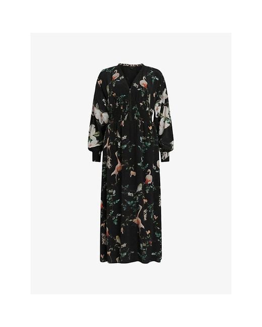 AllSaints Black Nia Fabia Floral-print V-neck Woven Midi Dress