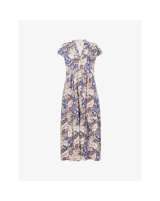 ME+EM Purple Botanical-Print Tiered Cotton Maxi Dress