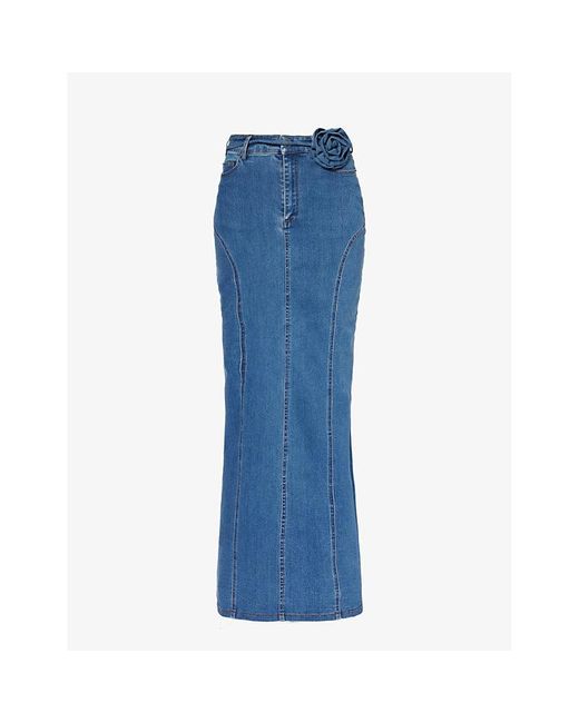 ROTATE BIRGER CHRISTENSEN Blue Floral-embroidered Slim-fit Stretch-organic Denim Maxi Skirt