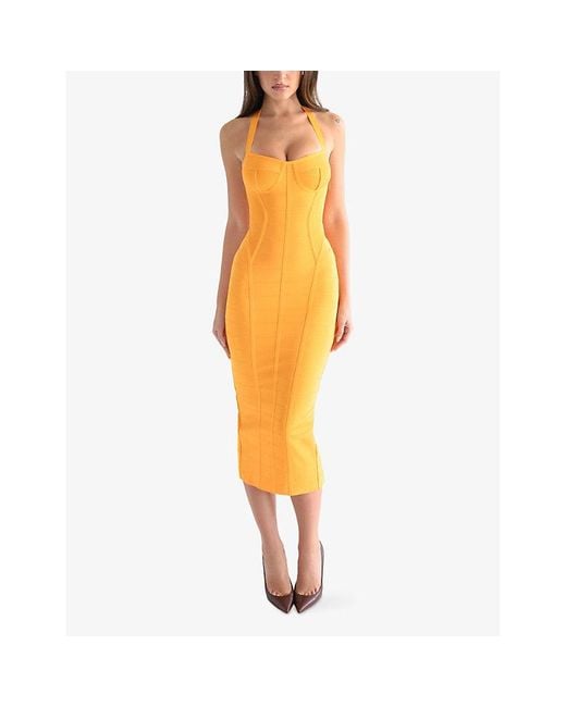 House Of Cb The Sculpt Halter-Neck Bandage Stretch-Woven Midi Dress in  Orange | Lyst