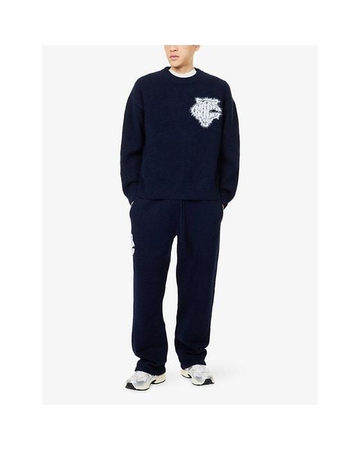 The Couture Club Blue Monogram Emblem Wide-Leg Knitted Jogging Bottoms for men