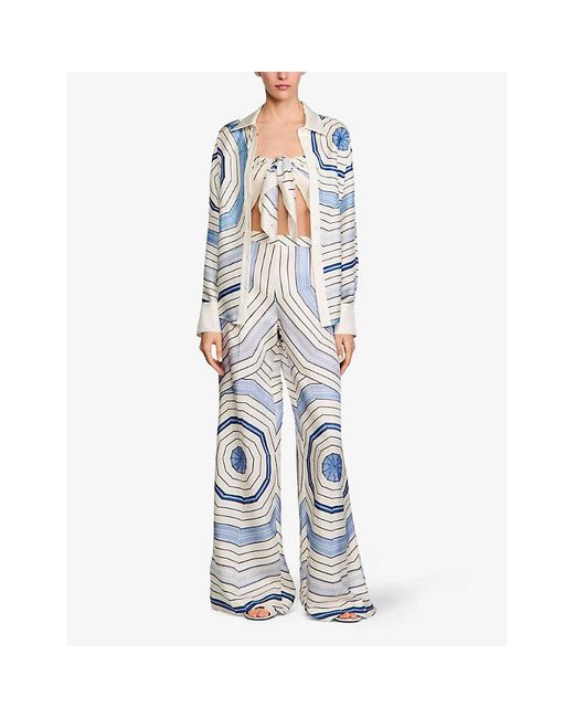 Sandro Blue Spiral-Pattern Wide-Leg Woven Trousers
