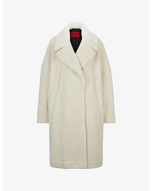 HUGO White Single-breasted Oversized-fit Faux-fur Teddy Coat
