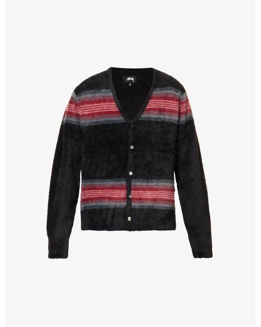 Stussy Black Shaggy Stripe V-neck Knitted Cardigan for men