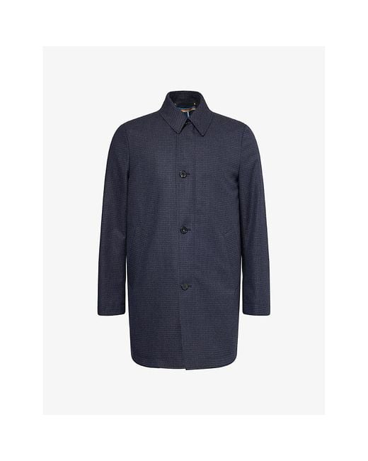 Paul Smith Blue Dogtooth-Pattern Pointed-Collar Wool Coat With Gilet for men