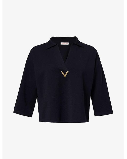 Valentino Garavani Blue V-neck Logo-plaque Wool Jumper