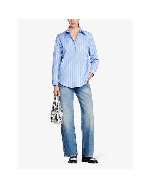 Sandro Blue Lace-embroidered Striped Cotton Shirt