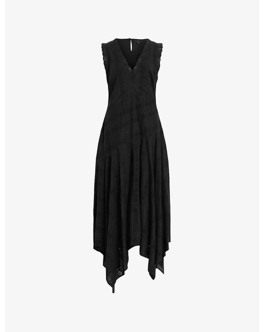 AllSaints Black Avania Handkerchief-hem Organic-cotton Midi Dress