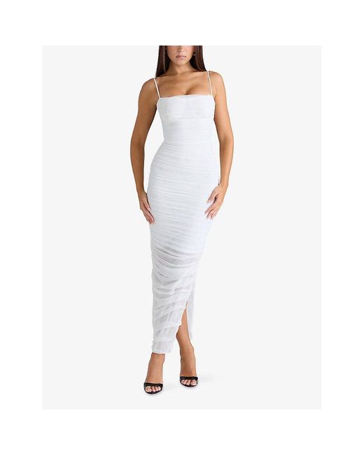 House Of Cb White Fornarina Gathered Mesh Midi Dress Xs (A-C Cup)