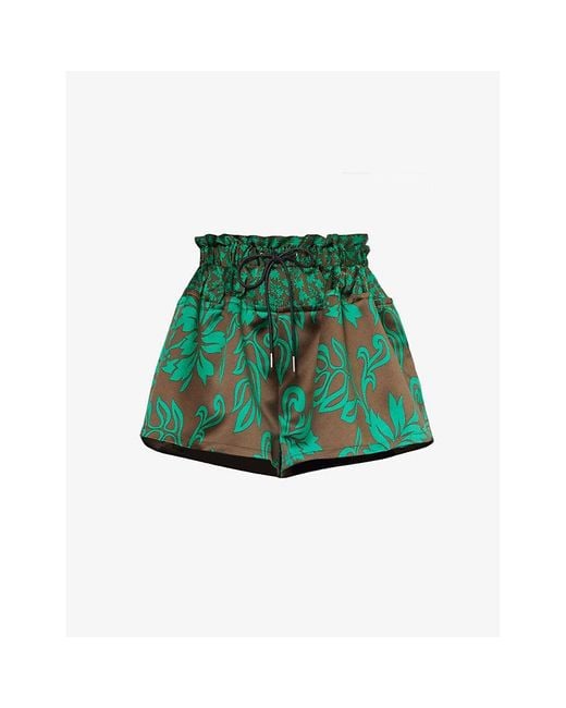 Sacai Green Floral-print Elasticated-waistband Woven Shorts