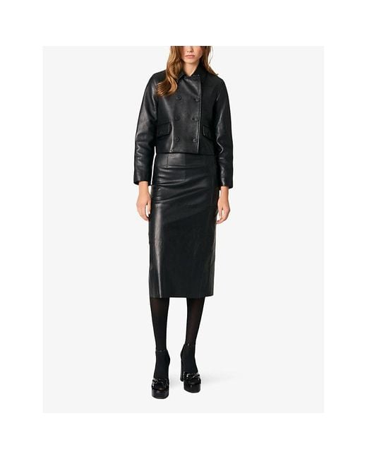 Maje Black Double-Breasted Side-Pocket Leather Jacket
