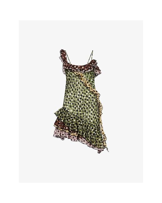 Siedres Green Mimika Polka-Dot Ruffled-Trim Cotton Mini Dress
