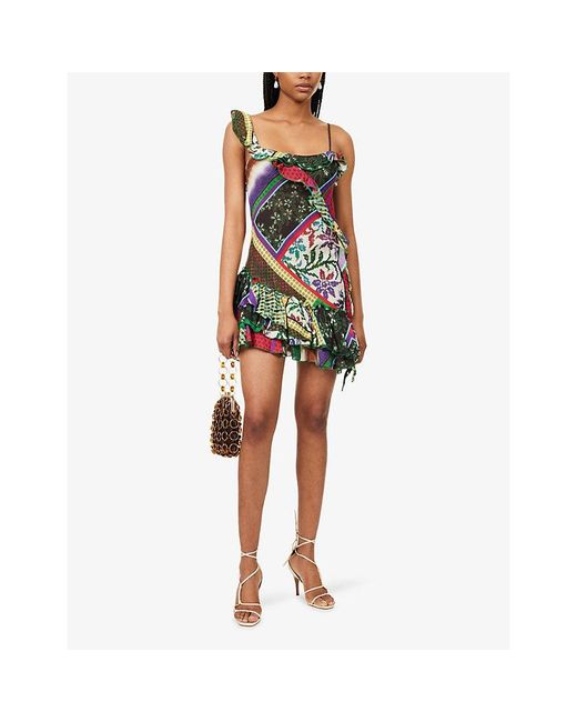 Siedres Green Mimika Patchwork-Print Cotton-Blend Mini Dress