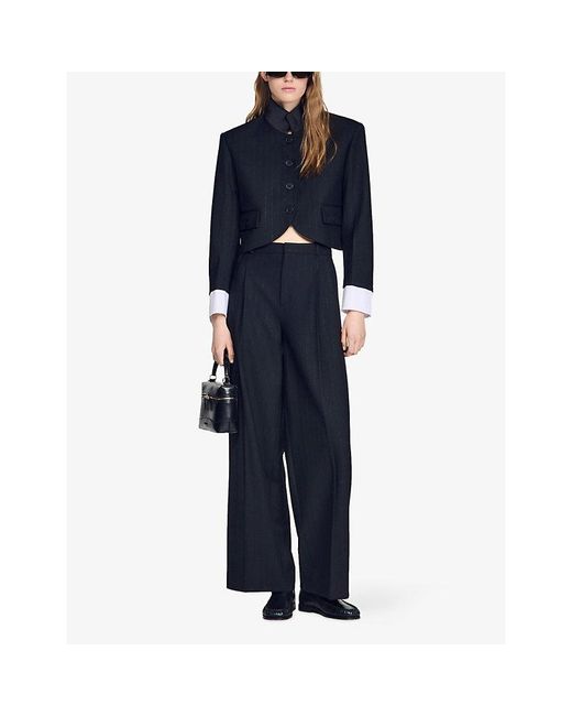 Sandro Black Pinstriped Cropped Woven Jacket