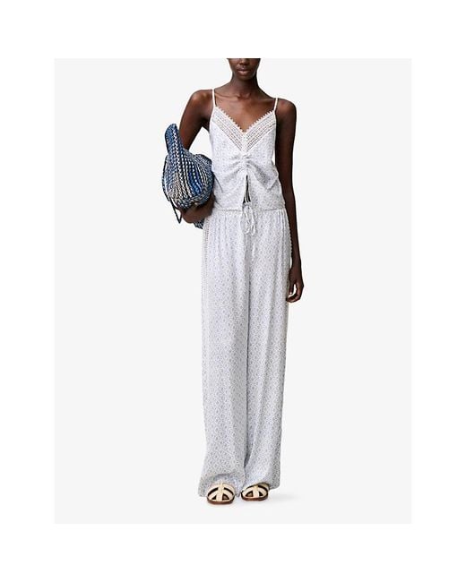 Claudie Pierlot White Floral-Print Lace-Trim Satin Trousers