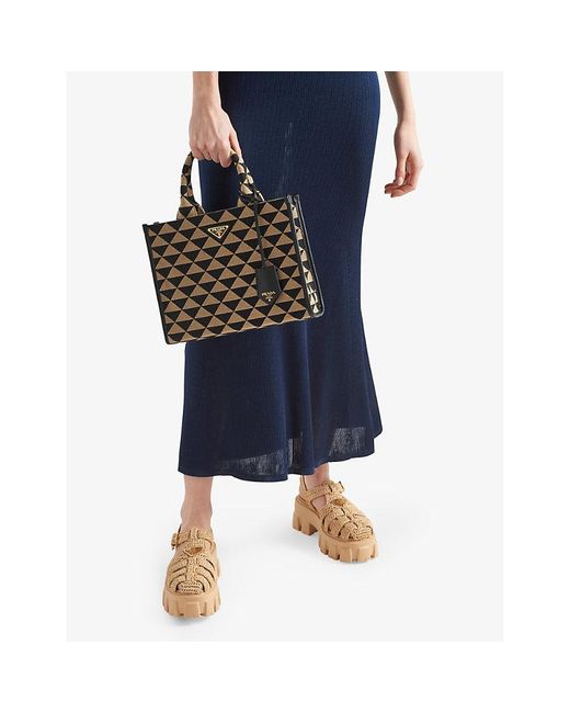 Prada Natural Monolith Logo-Plaque Chunky-Sole Caged Crochet Sandals