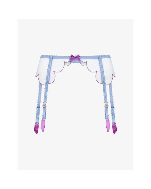 Agent Provocateur Blue Lorna Bow-Embellished Mesh Suspender Belt
