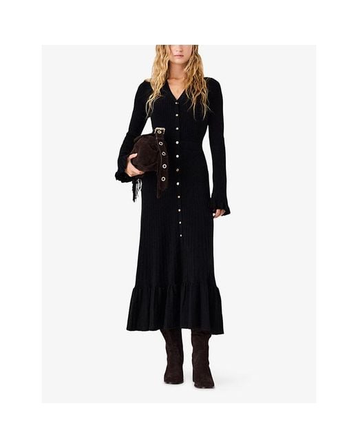 Maje Black Ruffled V-Neck Knitted Maxi Dress