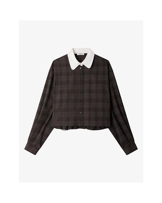 Sandro Black Contrast-Collar Checked Woven Shirt