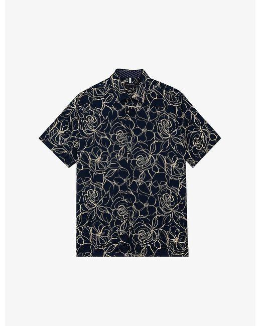 Ted Baker Blue Cavu Floral-print Short-sleeve Cotton Shirt for men