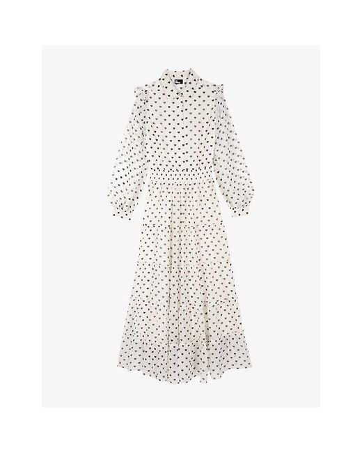 The Kooples White Heart-Print Tiered-Hem Woven Maxi Dress