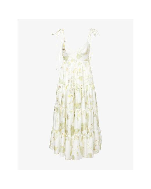 Erdem White Leaf-Print Sleeveless Flared Cotton Midi Dress