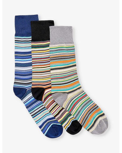 Paul Smith Blue Signature Stripe-pattern Pack Of Three Cotton-blend Knitted Socks for men