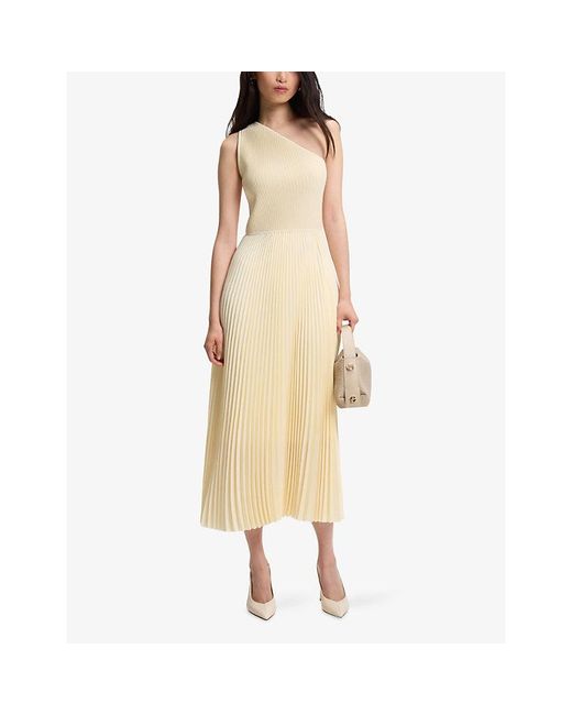 Boss Yellow One-Shoulder Pleated Woven Midi Dress