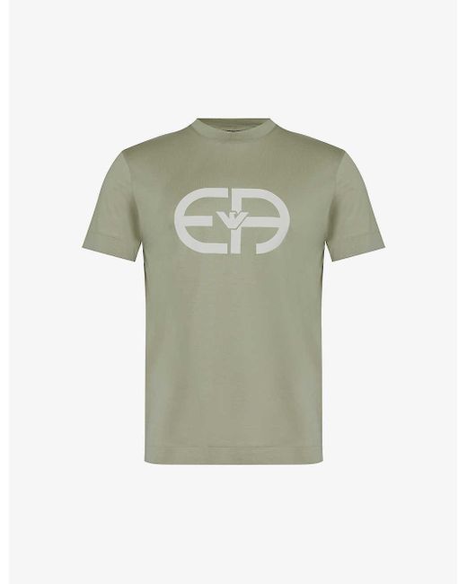 Emporio Armani Green Logo-print Relaxed-fit Woven-blend T-shirt for men