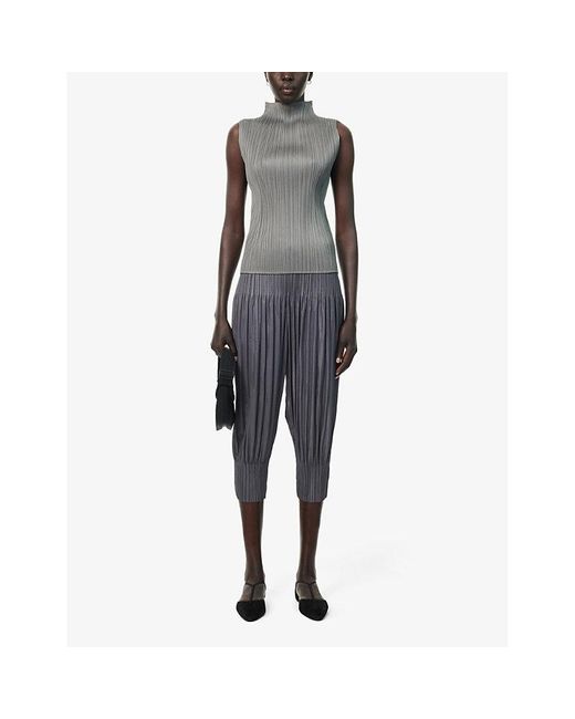 Pleats Please Issey Miyake Gray Basic High-neck Pleated Woven Top