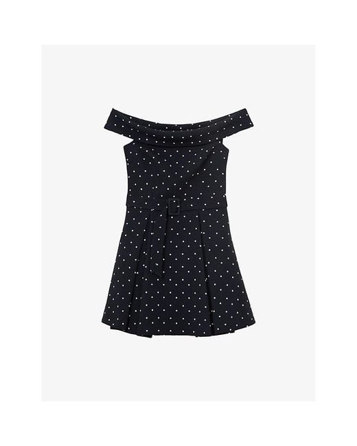 Reiss Blue Arwen Polka-Dot Bardot Stretch-Woven Mini Dress