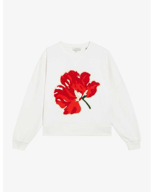 Ted Baker Red Marelaa Boucle-flower Relaxed-fit Cotton Sweatshirt