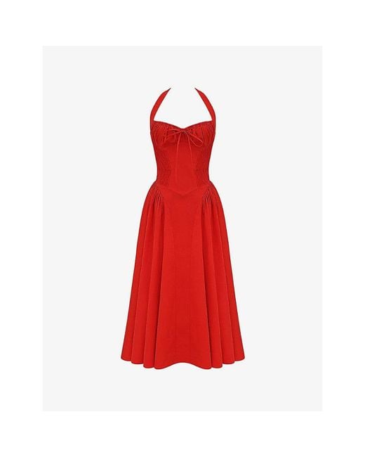 House Of Cb Red Adabella Flower-Pint Cotton-Blend Midi Dress