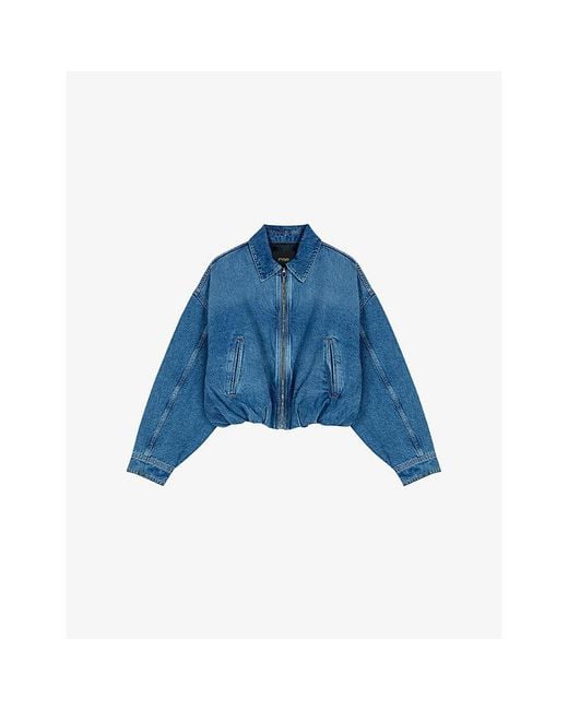 Maje Blue Collared Elasticated-Hem Denim Bomber Jacket