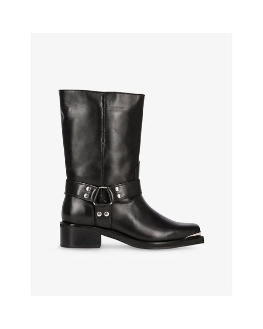 The Kooples Black Buckle-Embellished Leather Calf-Length Boots