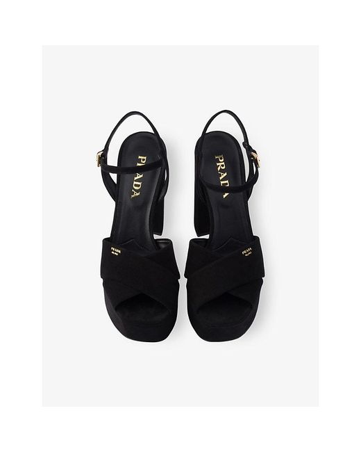 Prada Black Criss-Cross Suede Heeled Platform Sandals