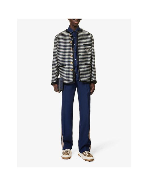 Gucci Gray Brand-embroidered Checked-pattern Wool-blend Jacket for men