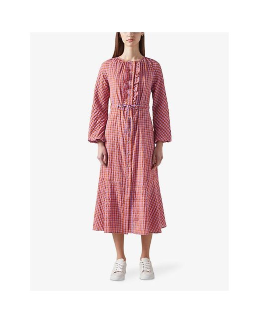 L.K.Bennett Red Sophie Ruffle-trim Gingham Cotton Midi Dress