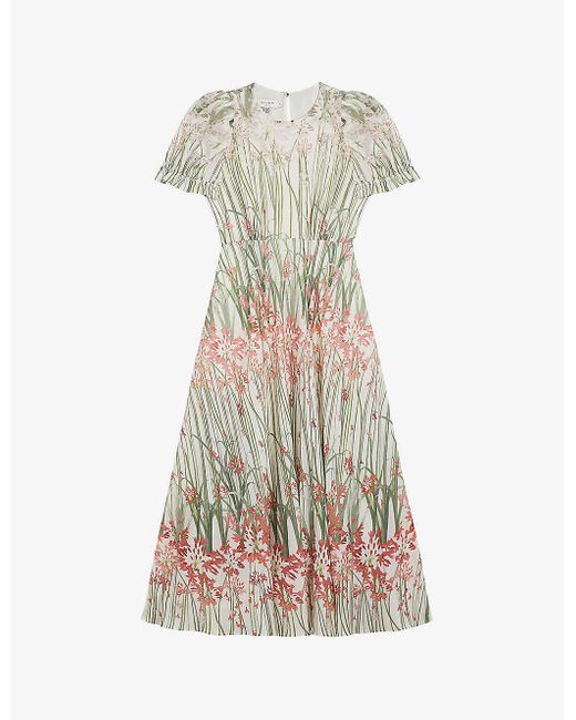 Ted Baker White Ruched-sleeve Floral-print Woven Midi Dress